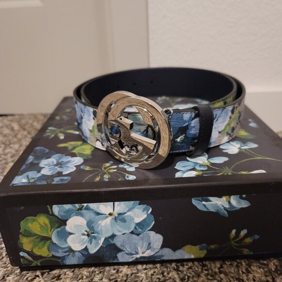 GG Supreme Monogram Blooms Interlocking G Belt Beige Blue Navy - Picture 1 of 7